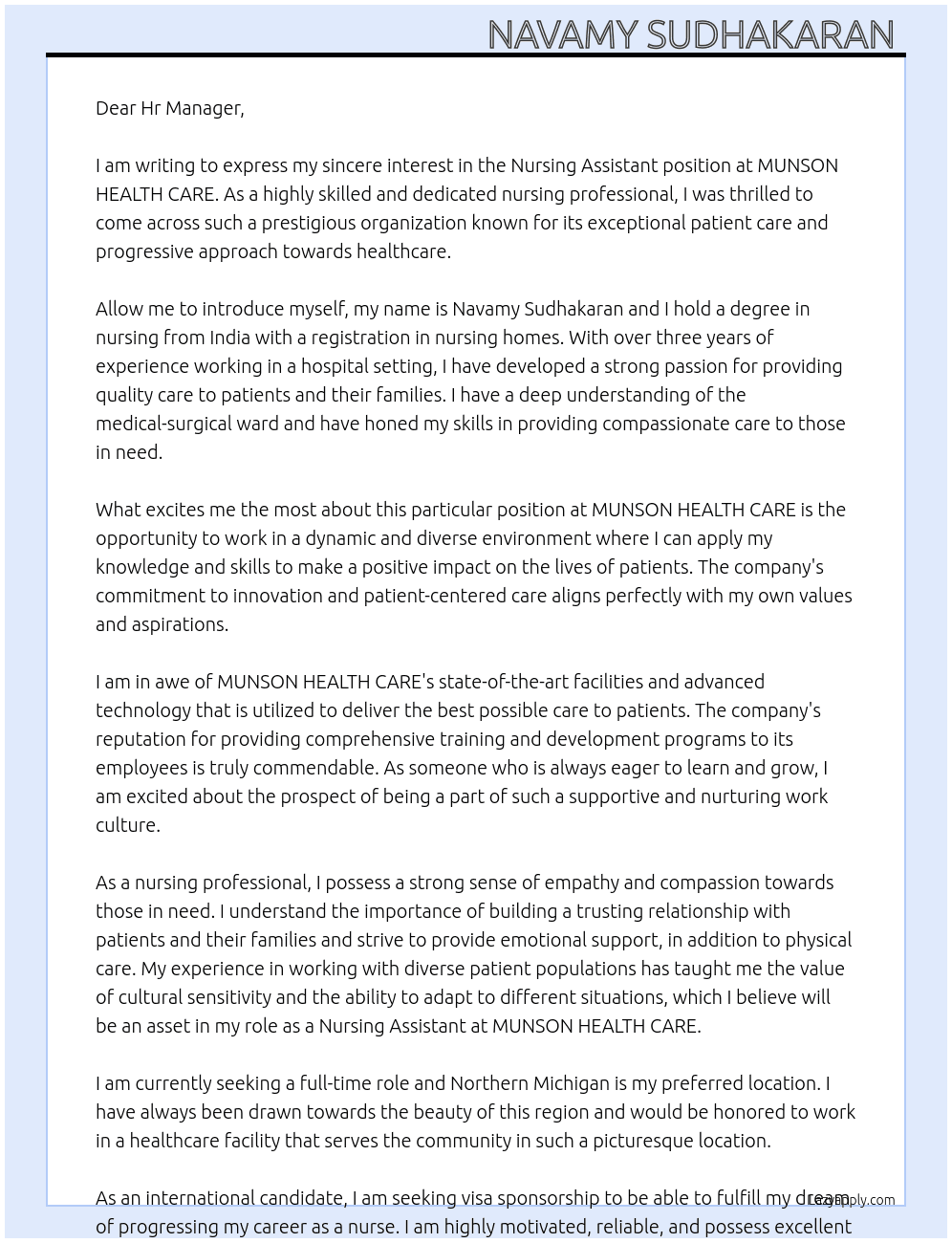 Nursing Assistant  At MUNSON HEALTH CARE  Cover Letter