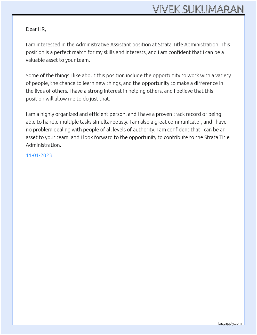Administrative Assistant At Strata Title Administration Cover Letter