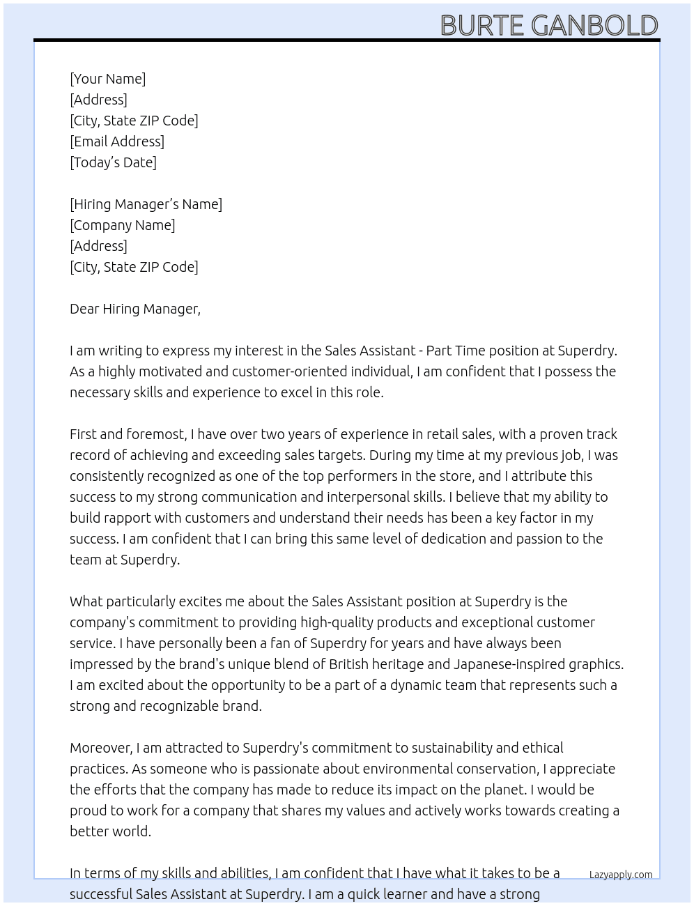 Sales Assistant - Part Time At Superdry Cover Letter