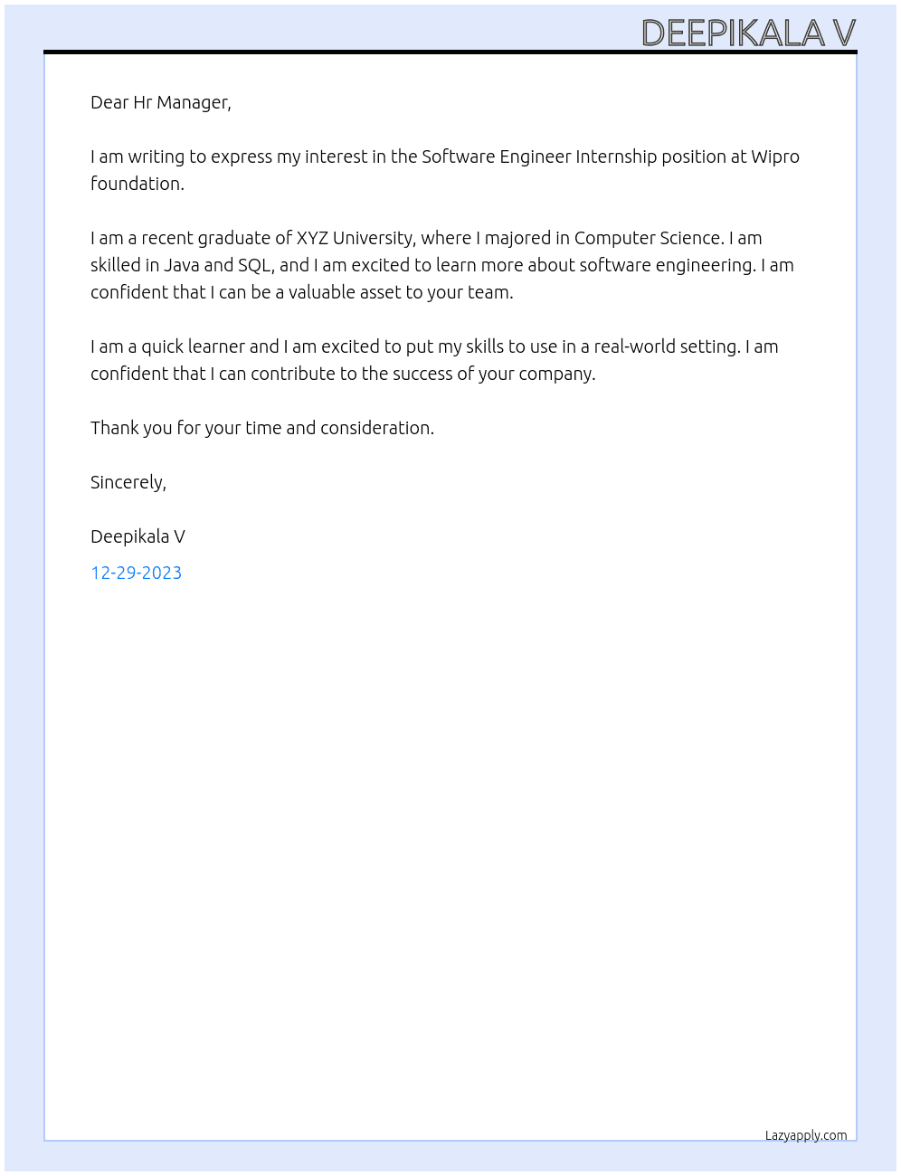 Software Engineer Internship  At Wipro foundation  Cover Letter
