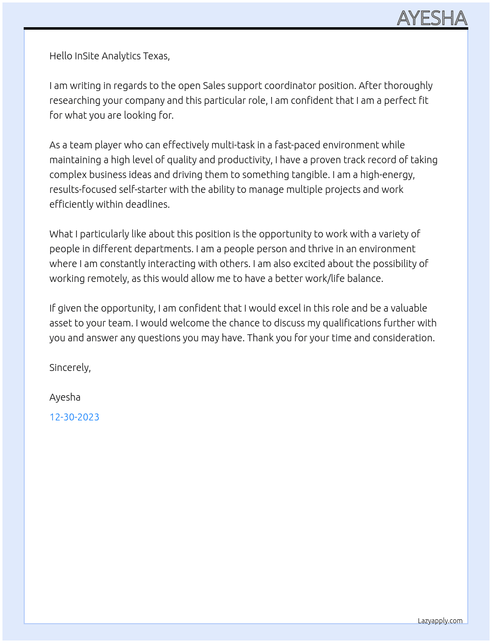 Sales support coordinator At InSite Analytics Texas Cover Letter