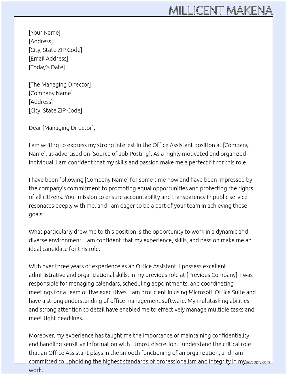 Office assistant At IPOA Cover Letter