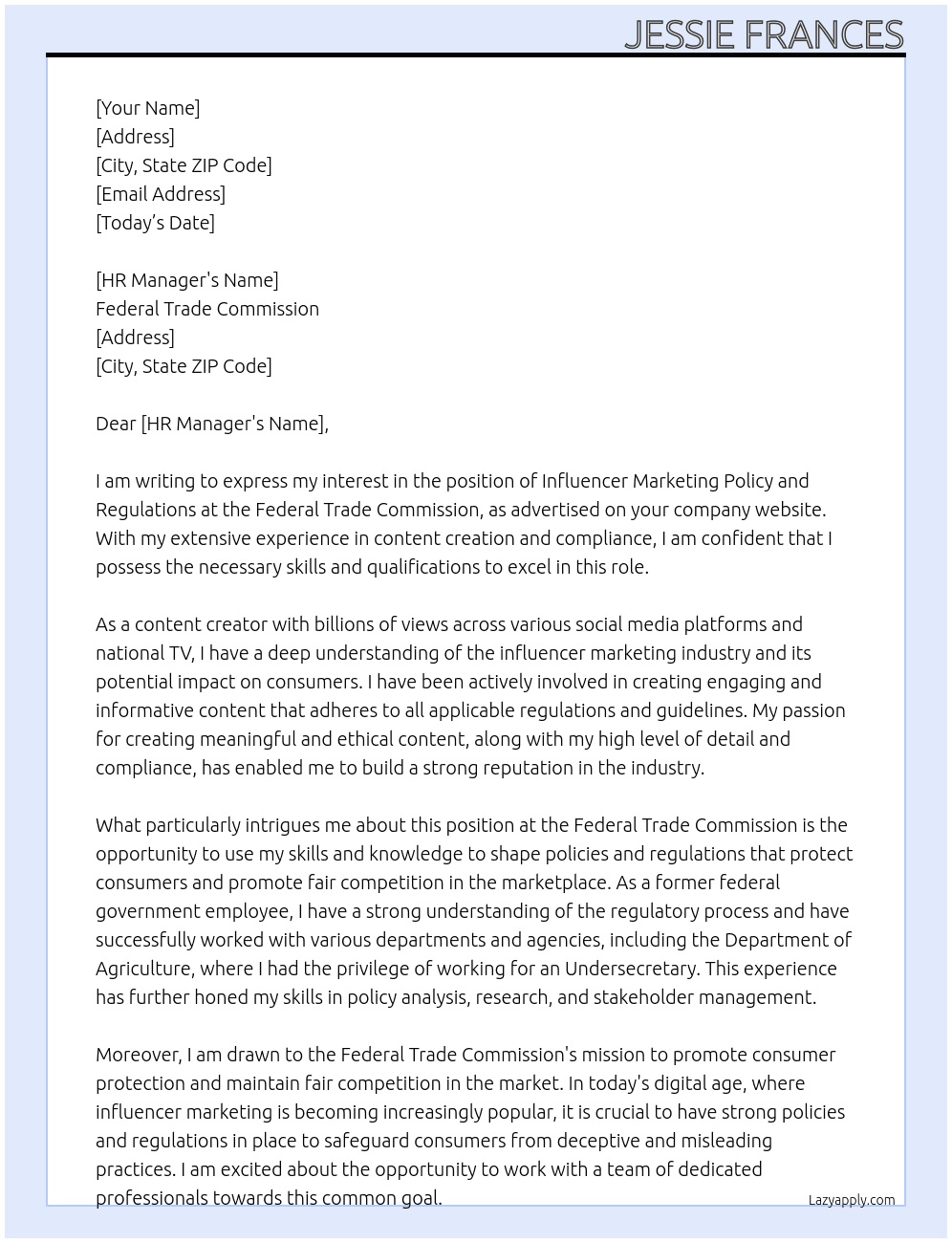 influencer marketing policy and regulations At Federal Trade Commission Cover Letter