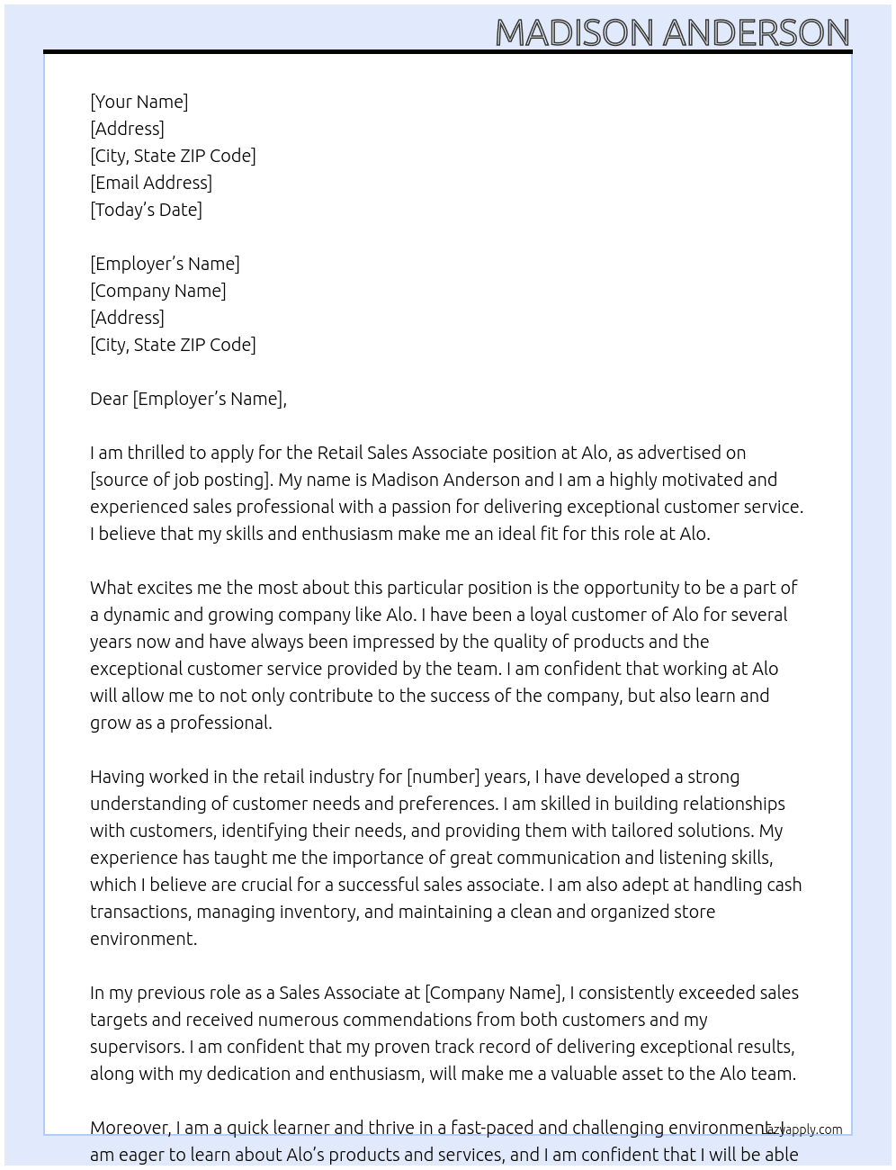 Retail Sales Associate At Alo Cover Letter