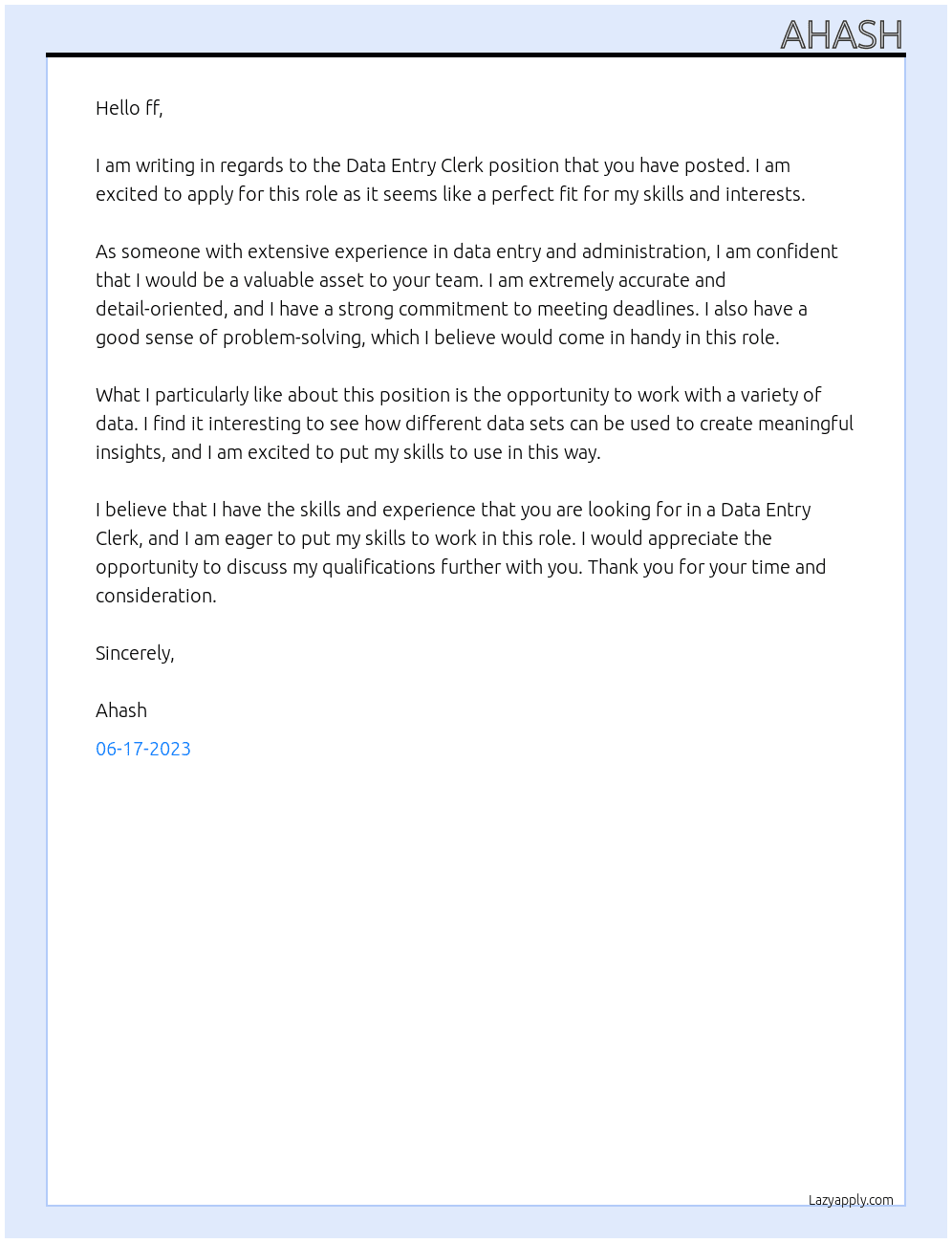 Data Entry Clerk At ff Cover Letter
