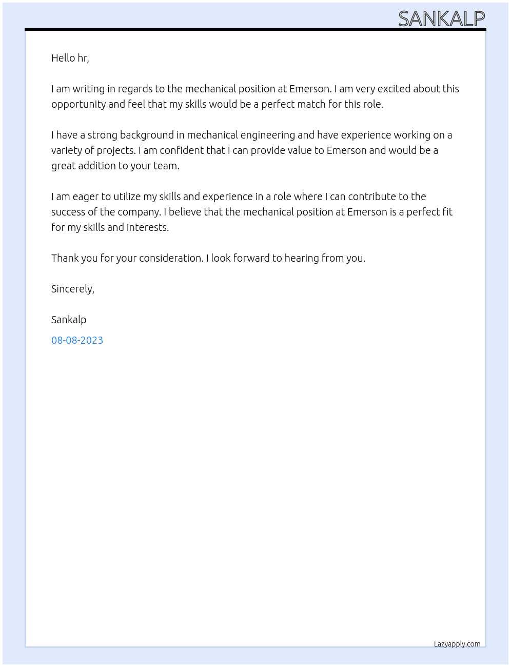 mechanical  At emerson Cover Letter