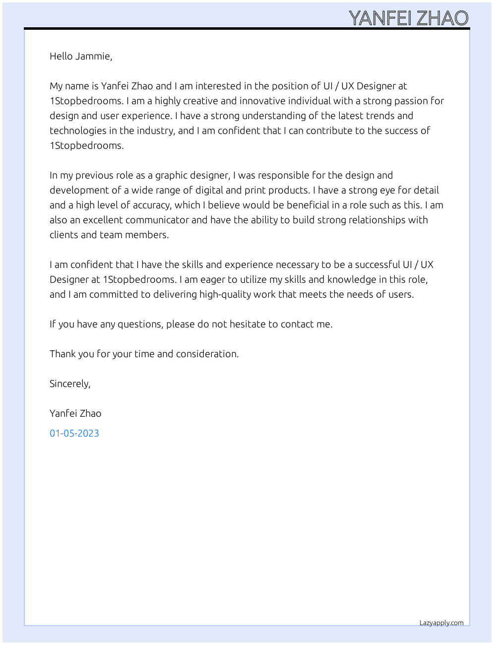 UI / UX Designer At 1Stopbedrooms Cover Letter