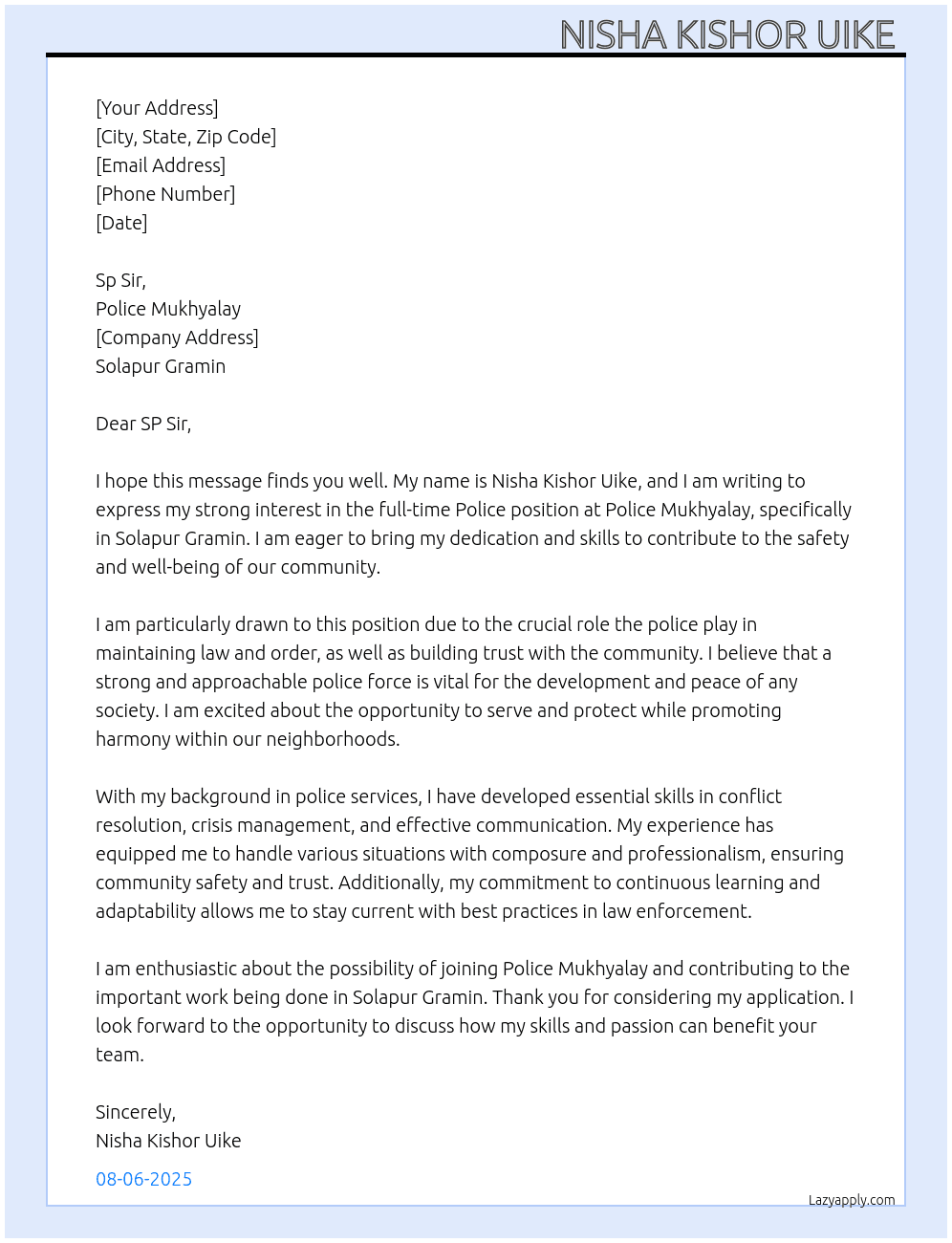 Police  At  police mukhyalay Cover Letter