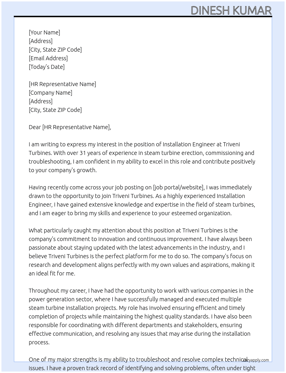 Cover letter for installation engineer - LazyApply