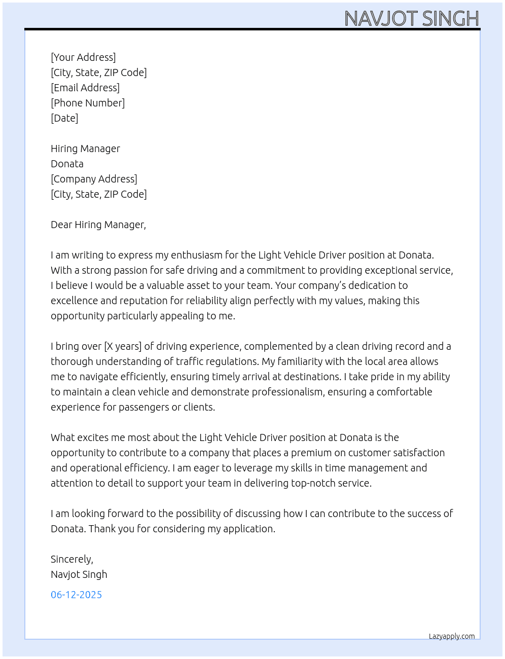 Light vehicle driver  At Donata Cover Letter