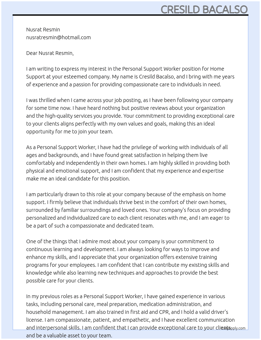 personal support worker - home support At Nusrat Resmin Cover Letter