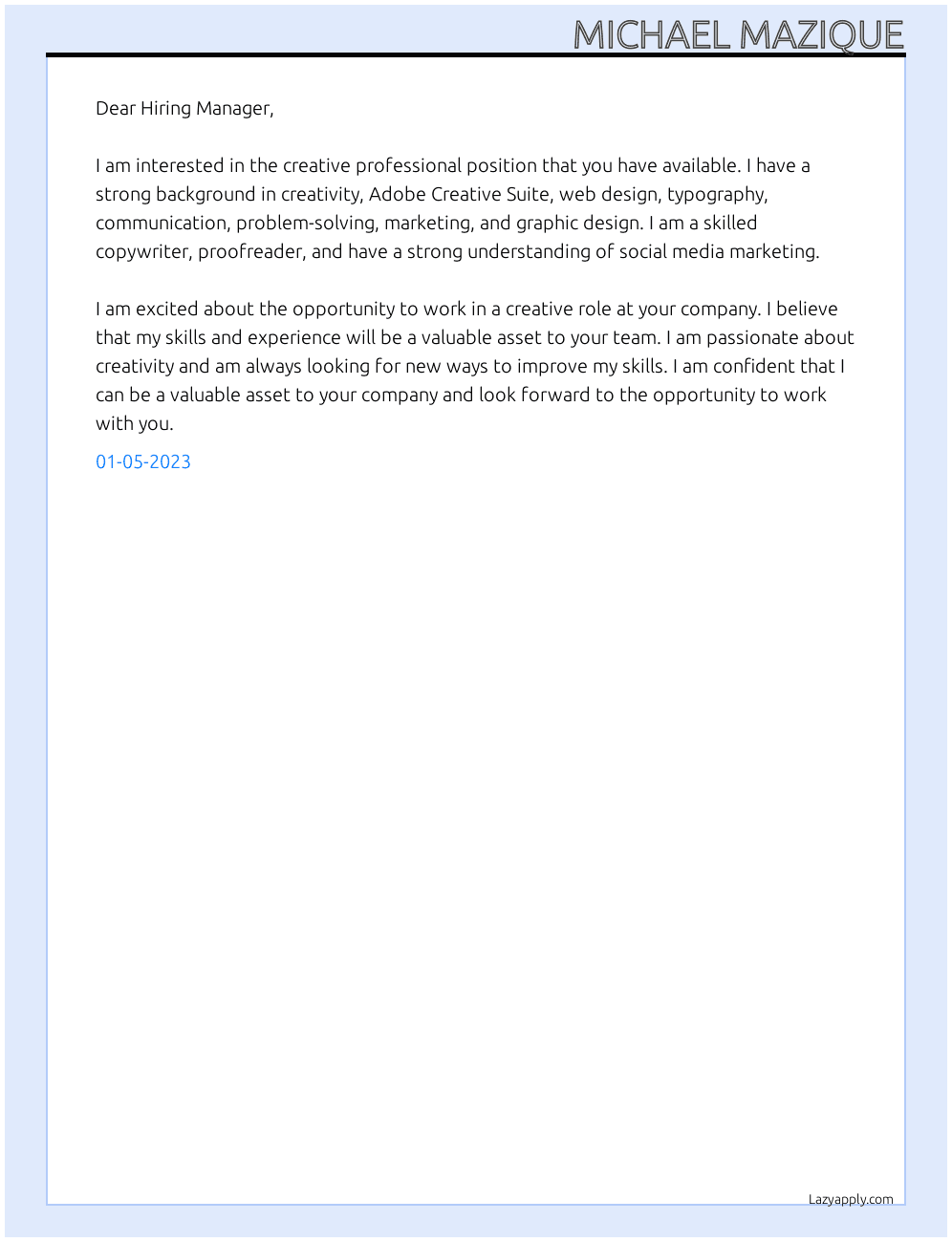 creative professional At N/A Cover Letter