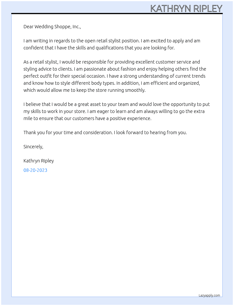retail stylist At Wedding Shoppe, Inc.  Cover Letter