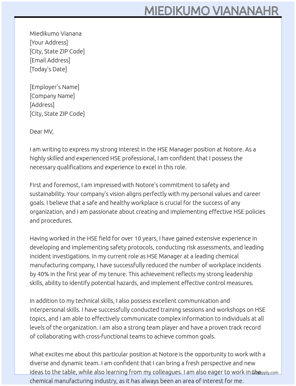 HSE Manager At Notore Cover Letter