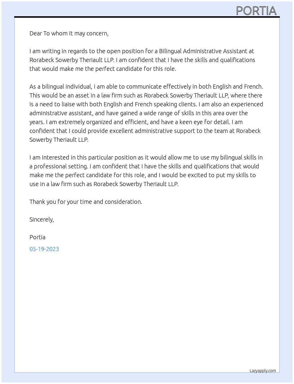 Bilingual Administrative Assistant At Rorabeck Sowerby Theriault LLP Cover Letter
