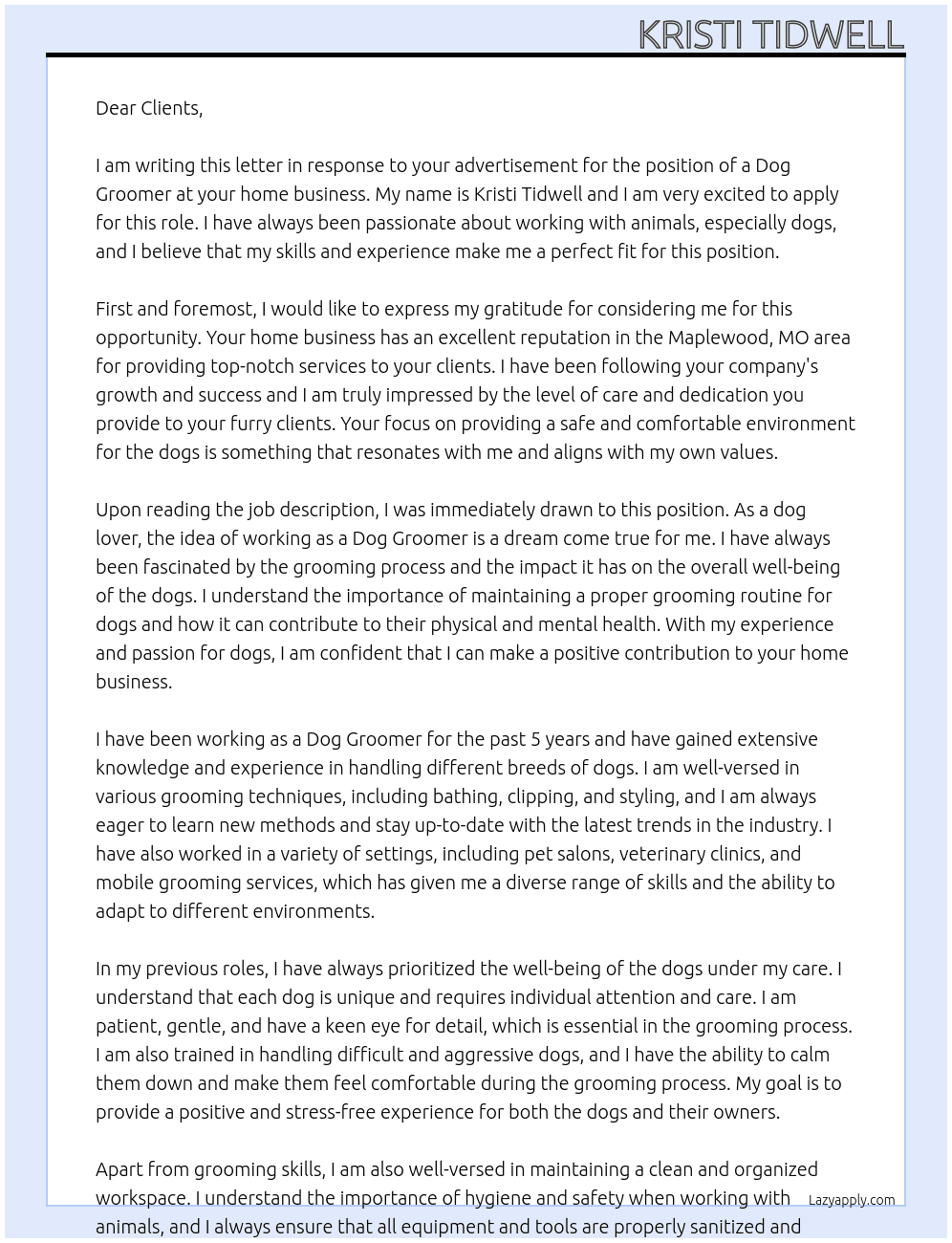 Dog Grooer At Home business Cover Letter