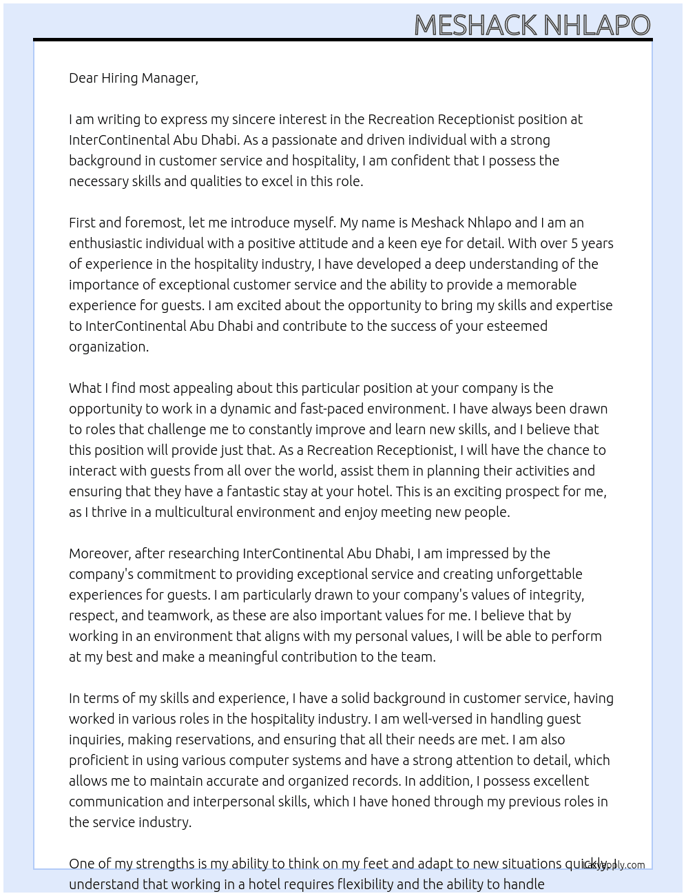 Recreation Receptionist At InterContinental Abu Dhabi Cover Letter