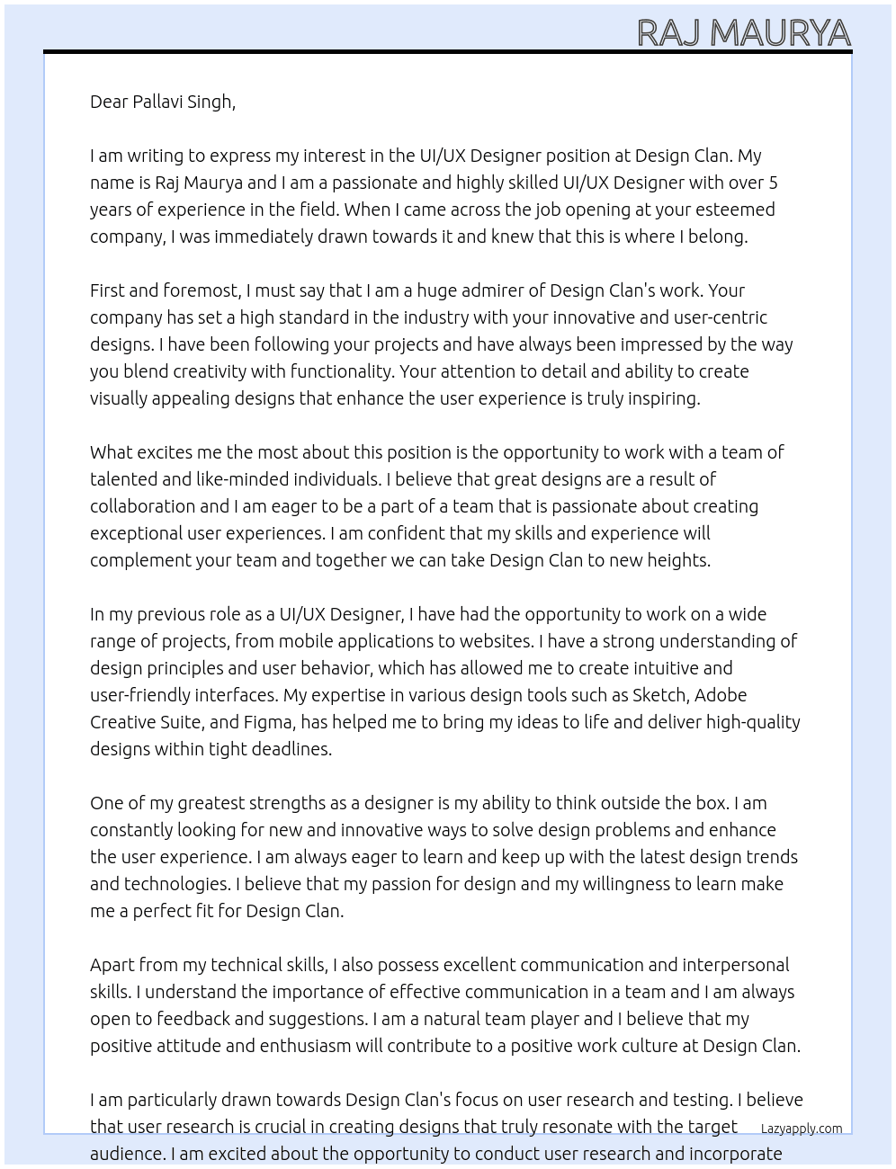 ui/ux desiner  At design clan Cover Letter