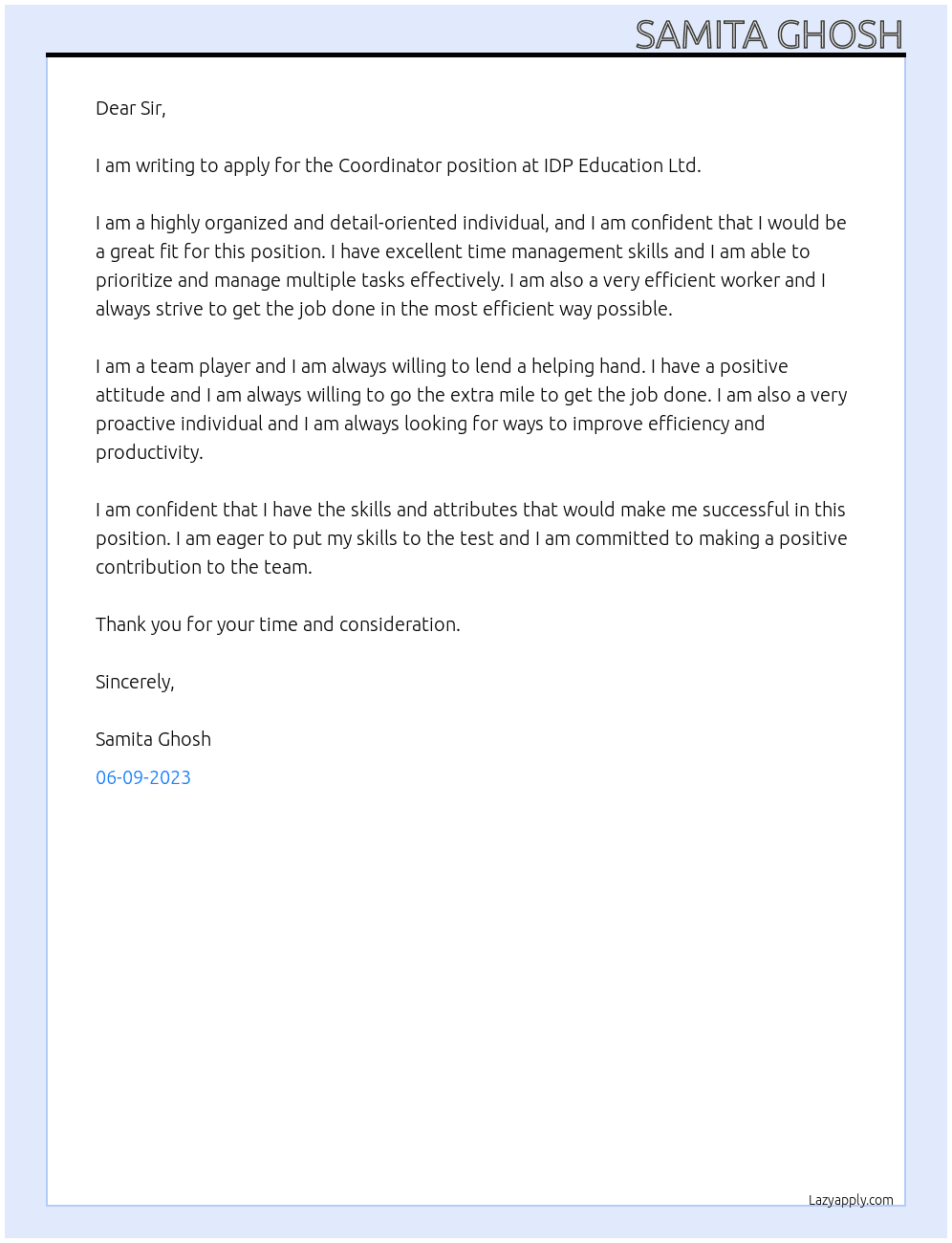 Coordinator  At IDP IDP Education Ltd Cover Letter