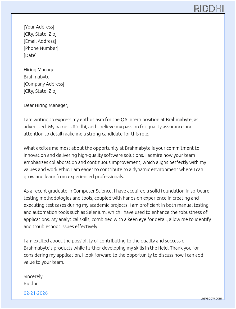 Cover letter for qa intern - LazyApply