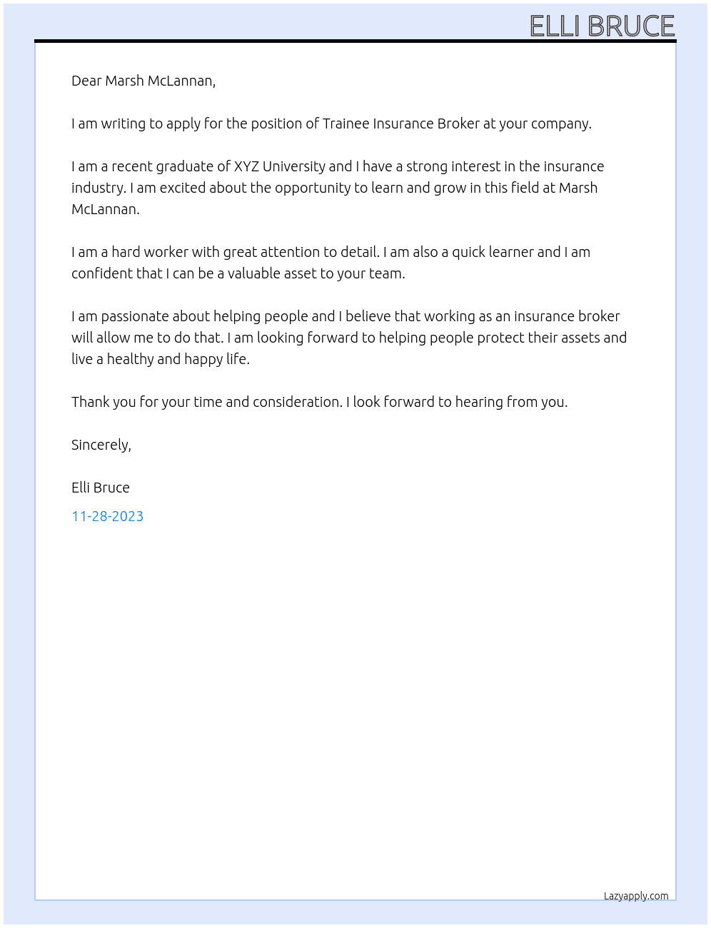 Trainee Insurance Broker At Marsh McLennan Cover Letter