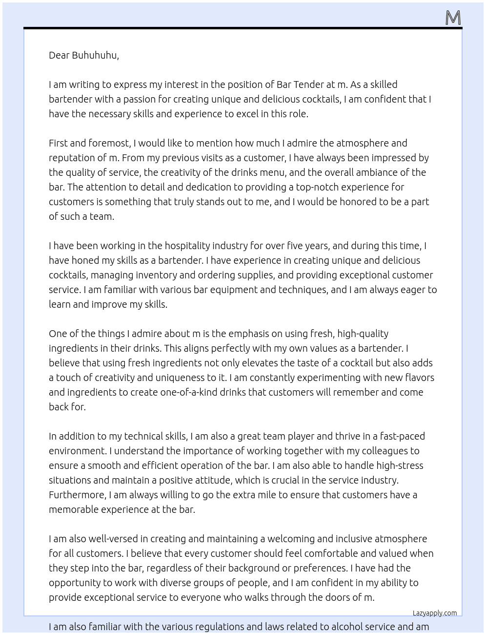 BAr Tender At m Cover Letter