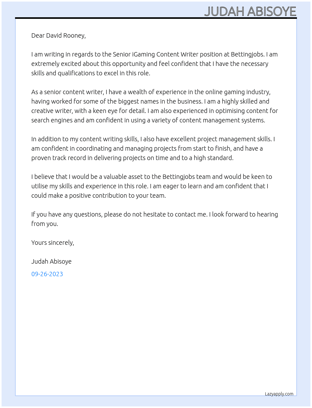Senior iGaming Content Writer At Bettingjobs Cover Letter