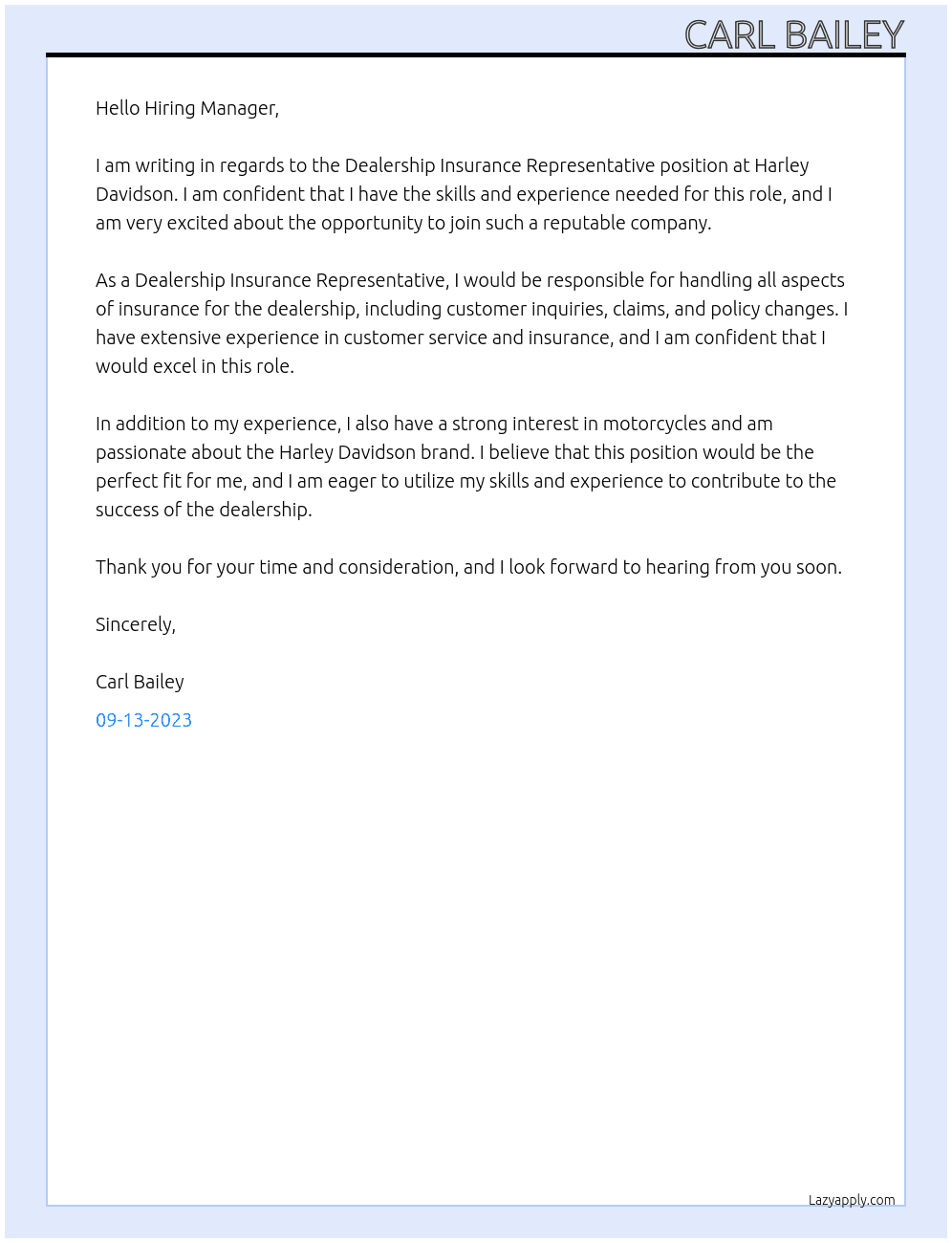 Dealership Insurance Representative At Harley Davidson Cover Letter