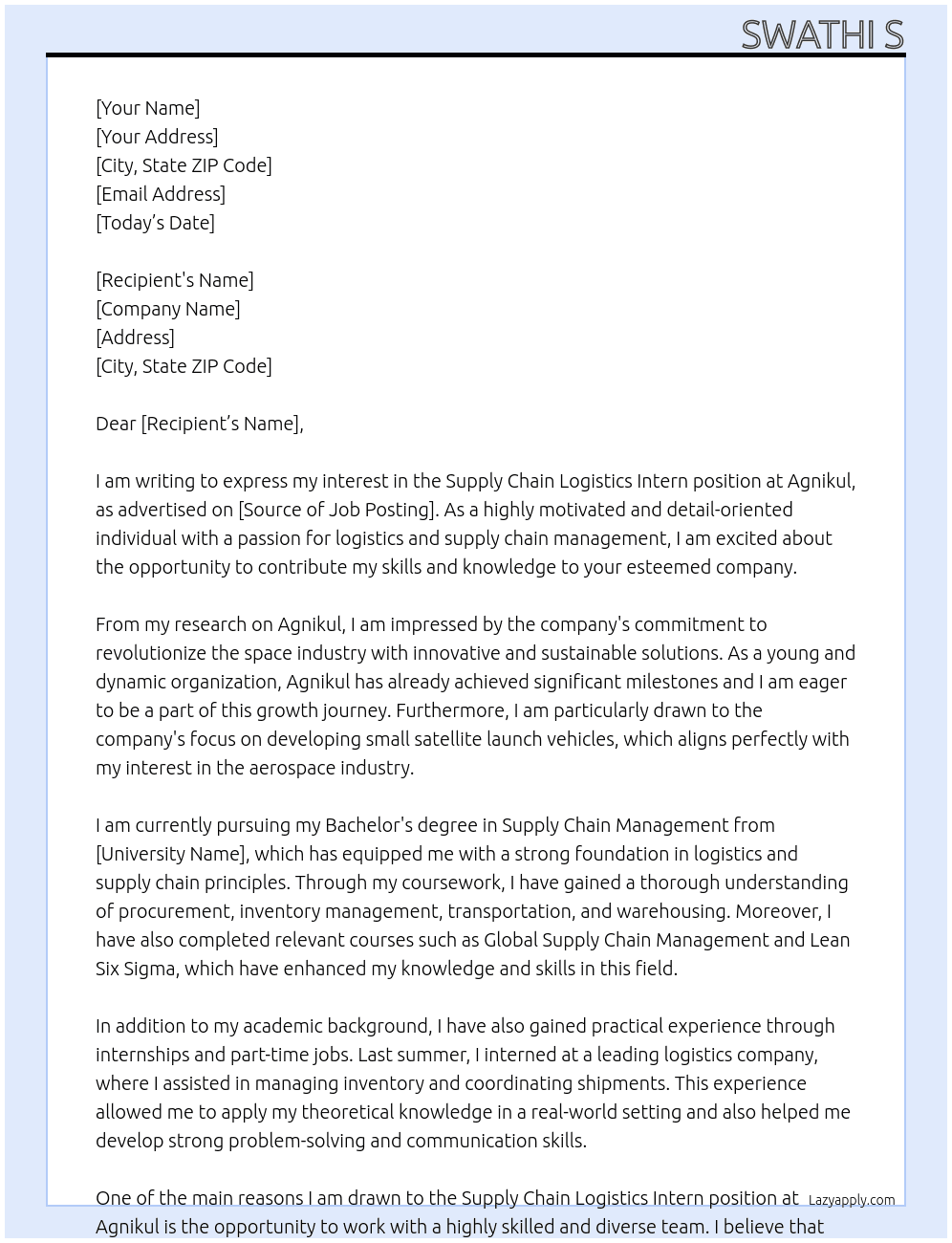 Supply chain logistics intern At Agnikul Cover Letter