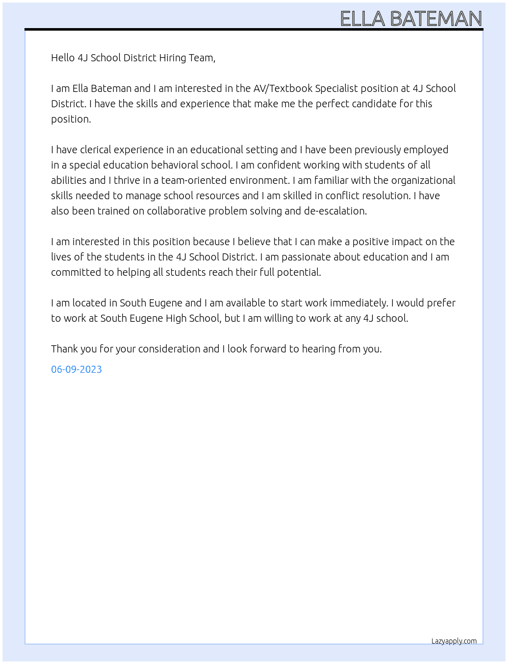 AV/Textbook Specialist At 4J School District Cover Letter