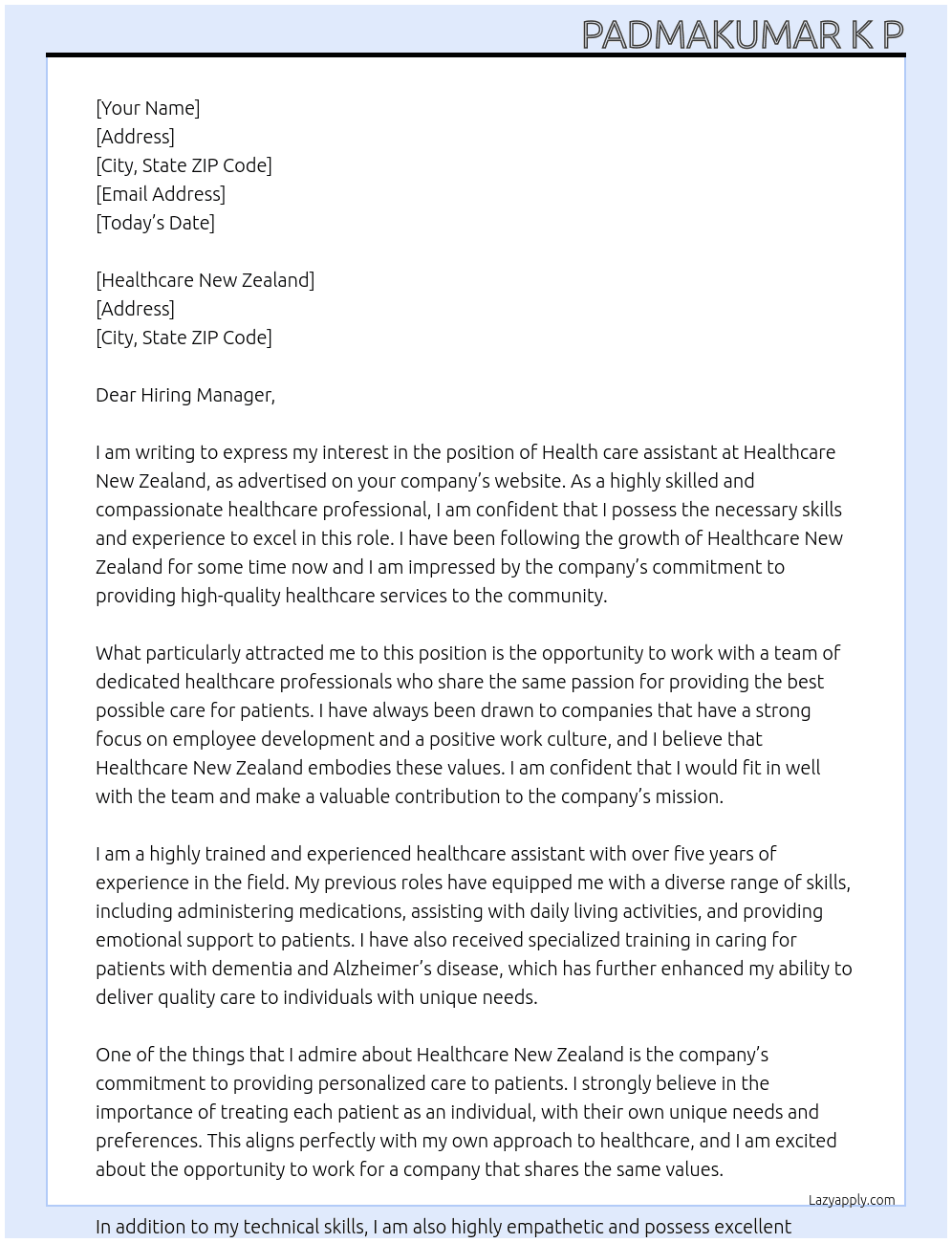 Health care assistant  At Healthcare New Zealand Cover Letter