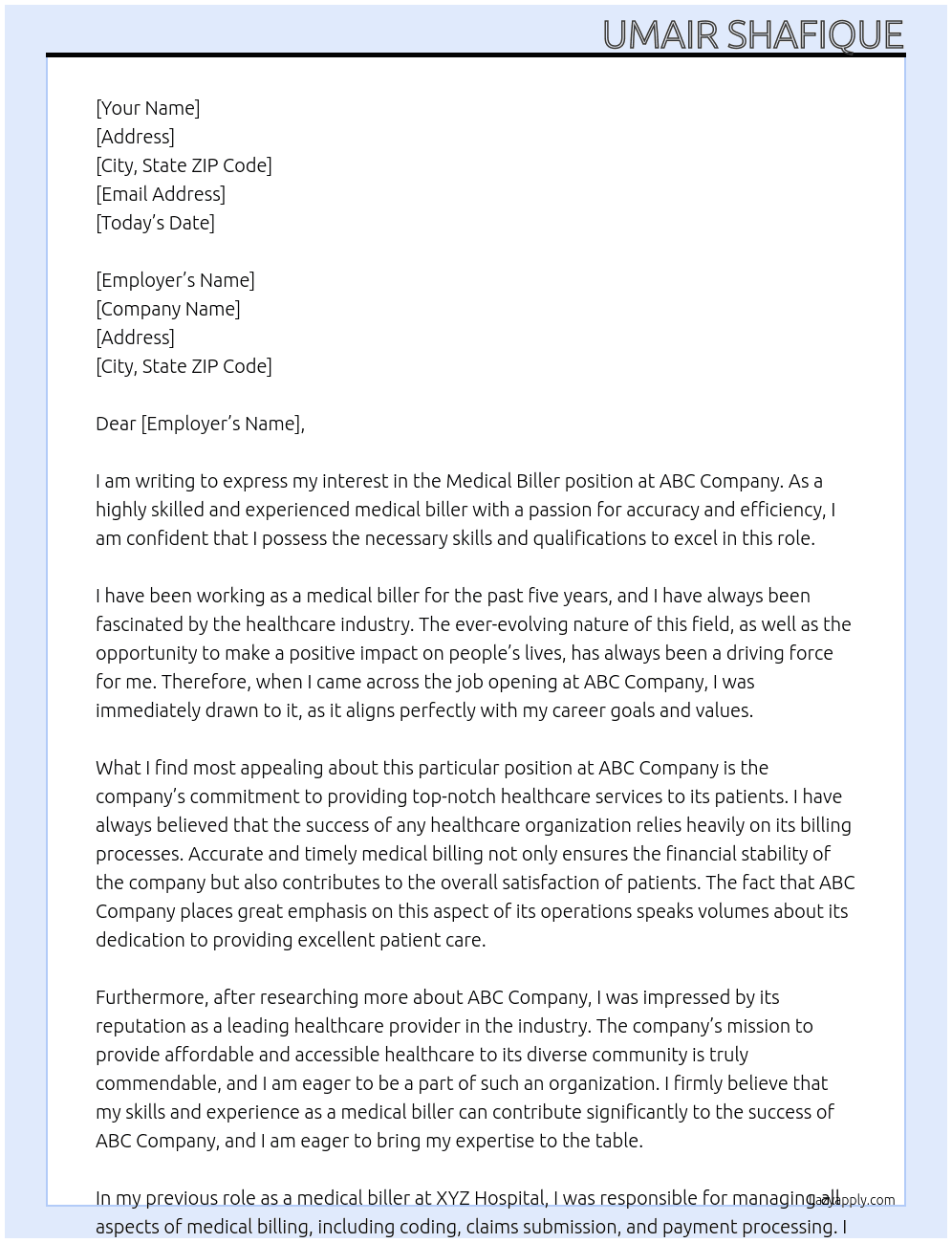 Medical Biller At abcc Cover Letter
