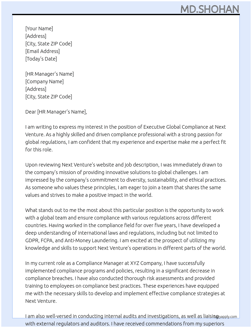 Executive Global compliance  At Next venture  Cover Letter