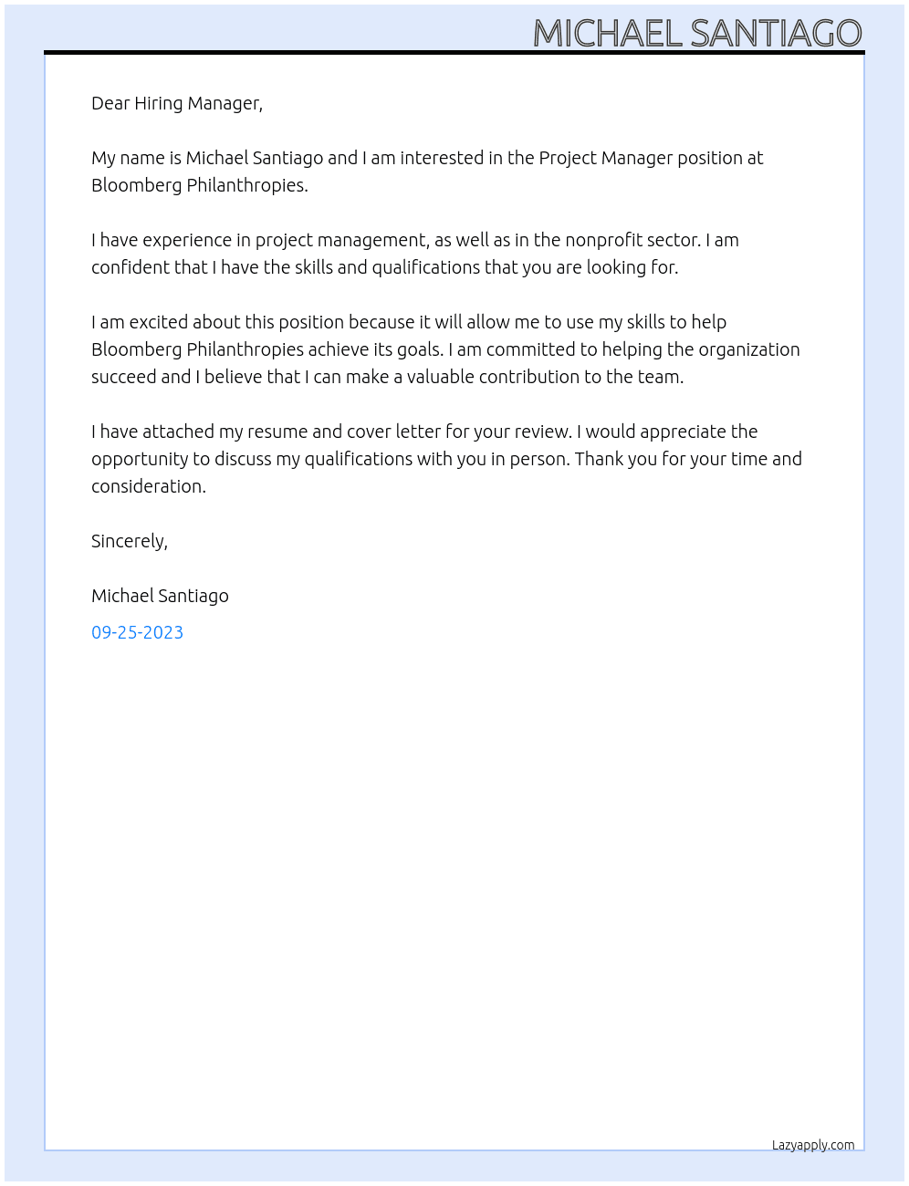 Project Manager At Bloomberg Philanthropies Cover Letter