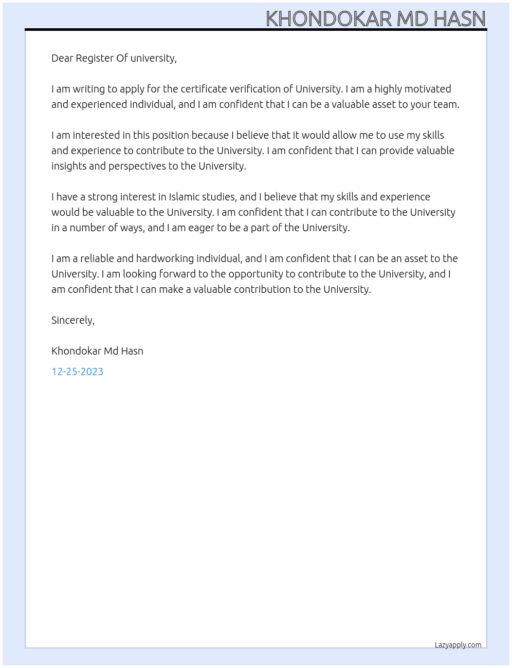 Application for certificate verification of University At Islamic Arabic University Dhaka Cover Letter