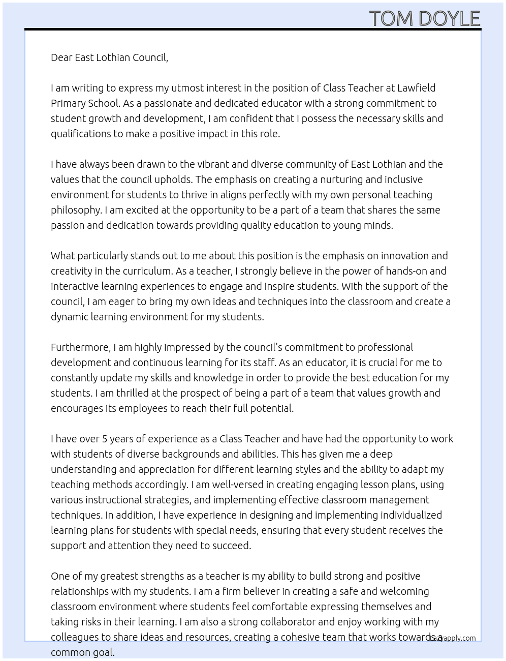 Class Teacher At East Lothian Council Cover Letter