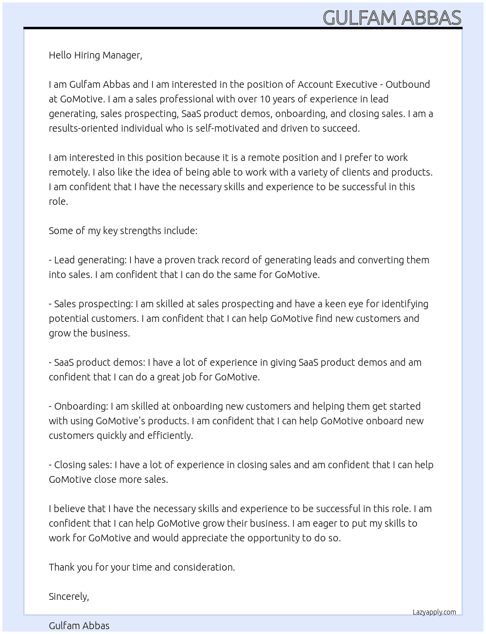 Account Executive - Outbound At GoMotive Cover Letter
