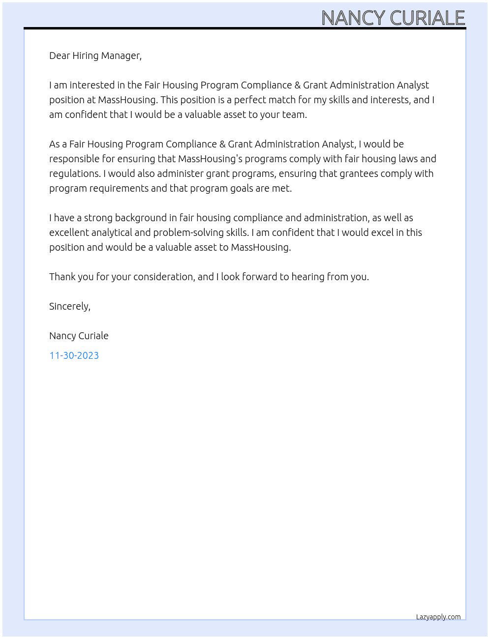 Fair Housing Program Compliance & Grant Administration Analyst At MassHousing Cover Letter