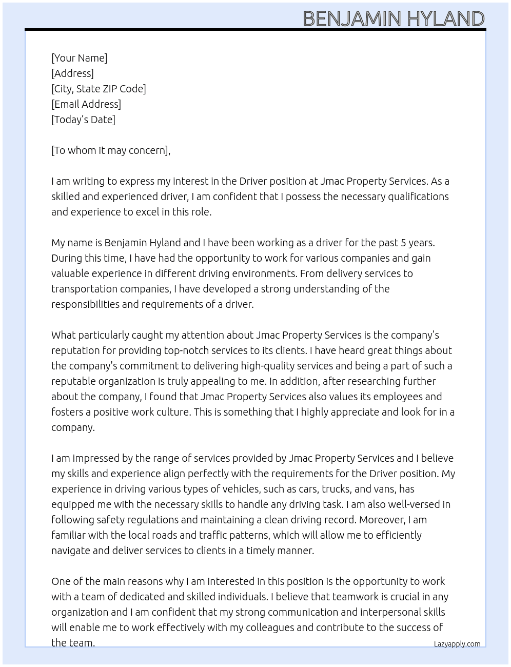 Driver At Jmac Property Services Cover Letter