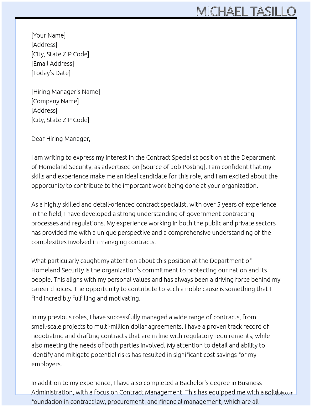 Contract Specialist At Department of Homeland Security Cover Letter