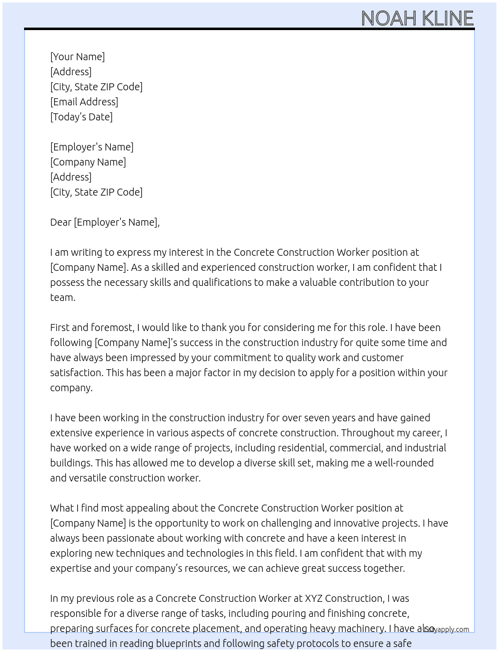 Concrete COnstruction Worker At Concrete Cover Letter