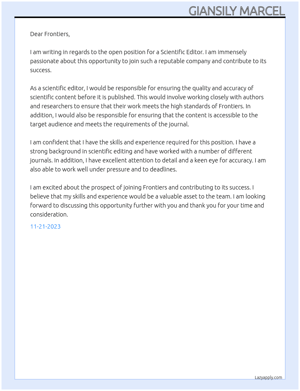 Scientific editor At Frontiers Cover Letter