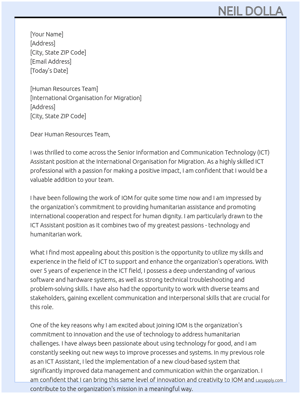 ​Senior Information and Communication Technology (ICT) Assistant At International Organisation for Migration Cover Letter