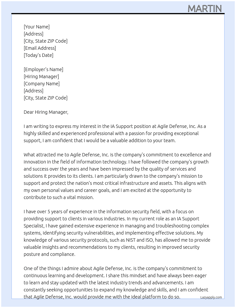  IA Support At Agile Defense, Inc. Cover Letter