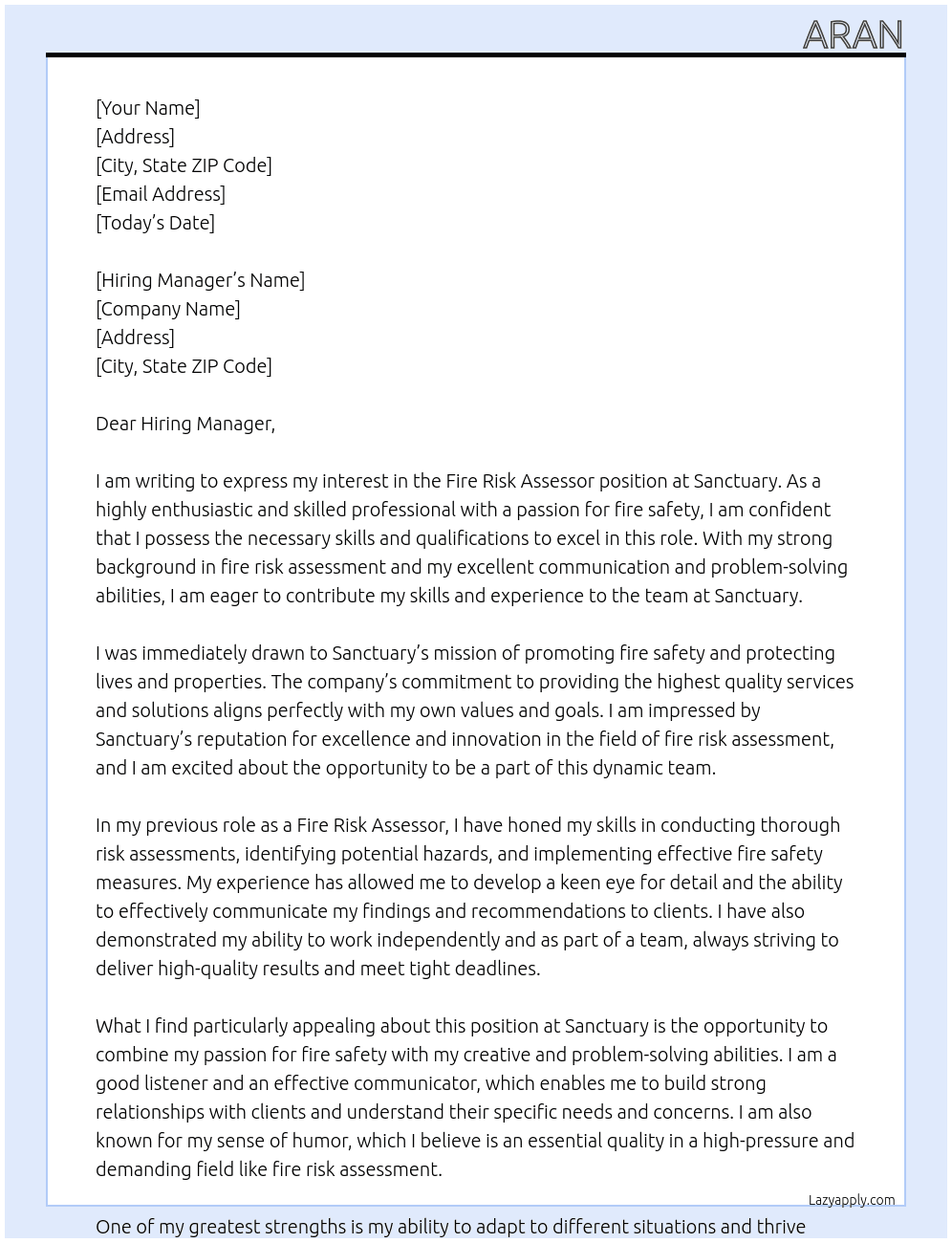 Fire Risk Assessor At Sanctuary  Cover Letter