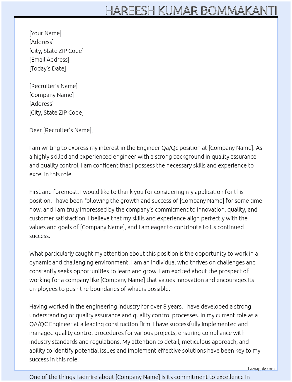 Engineer Qa/Qc At berg group llc Cover Letter