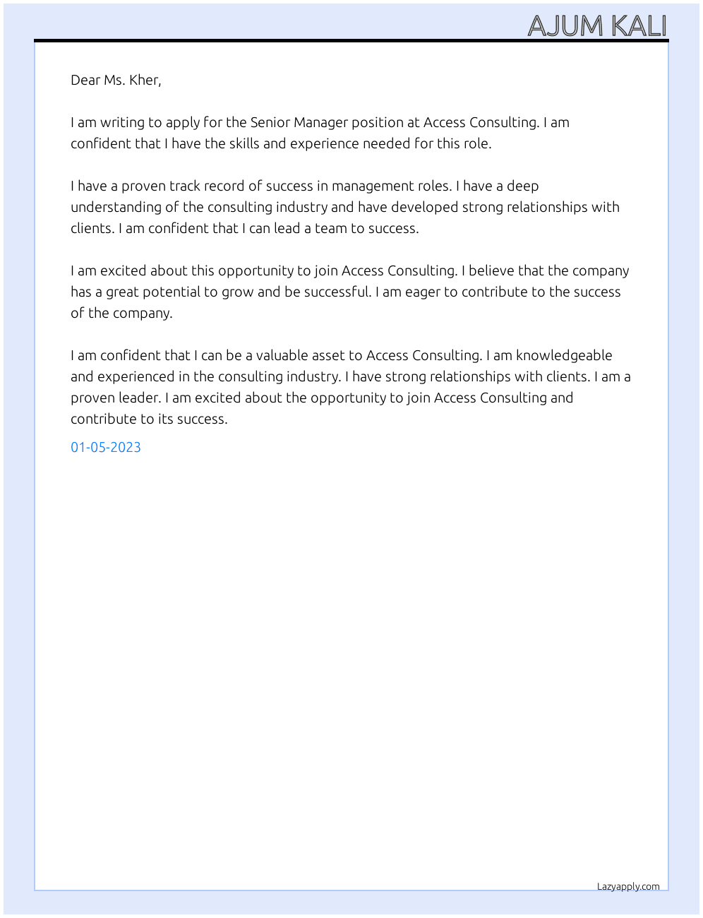 Senior Manager At Access Consulting Cover Letter