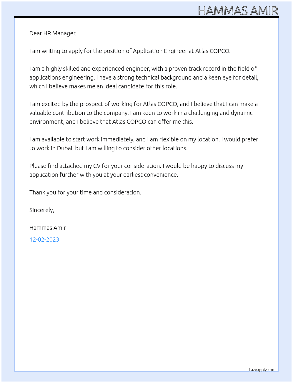 Application Engineer At Atlas COPCO Cover Letter