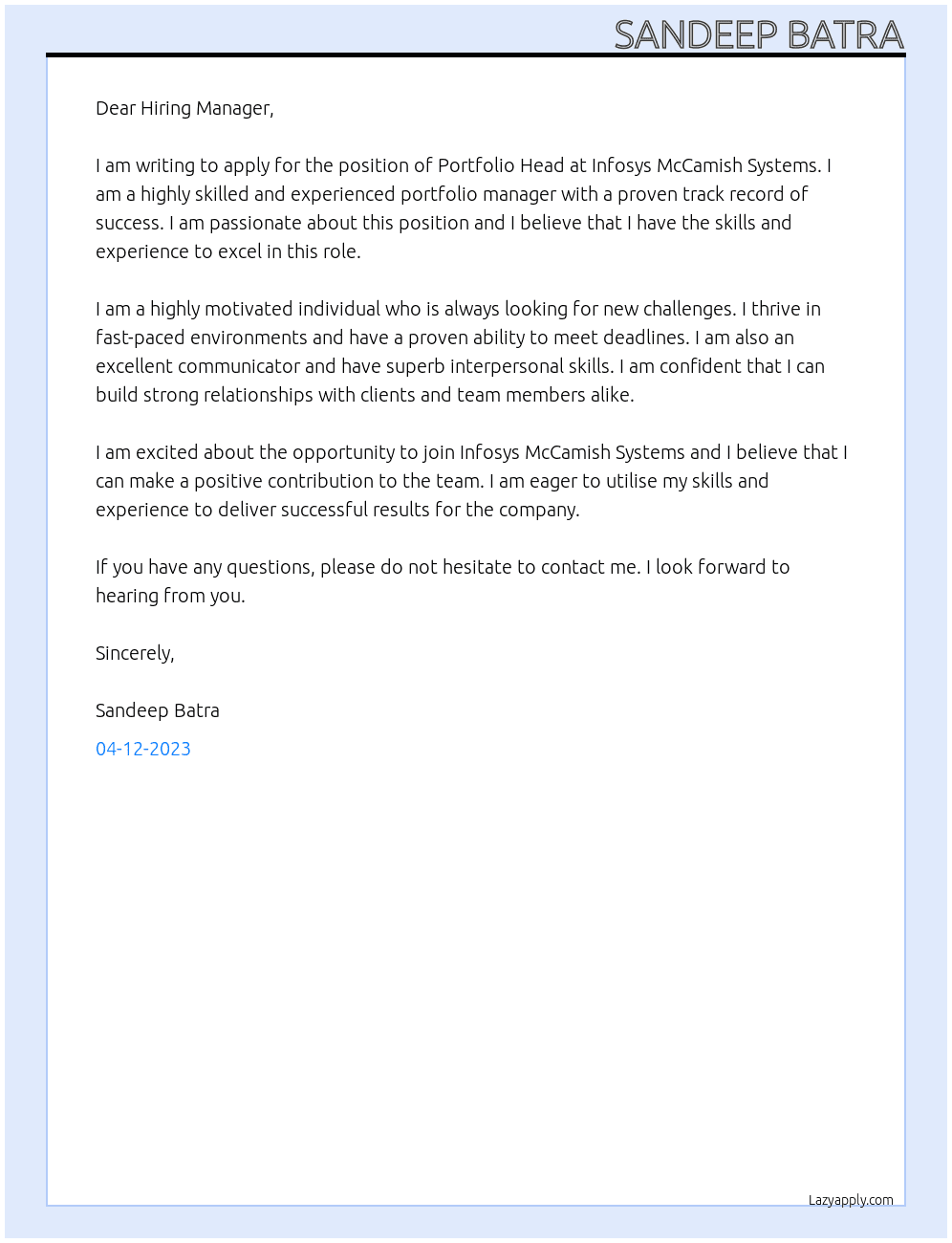 Portfolio Head At Infosys McCamish Systems Cover Letter