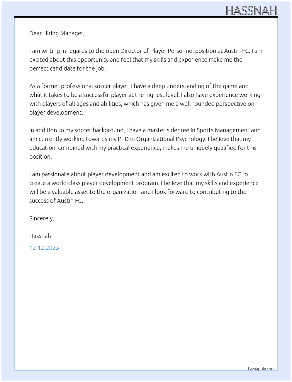 Director of Player Personnel At Austin FC Cover Letter